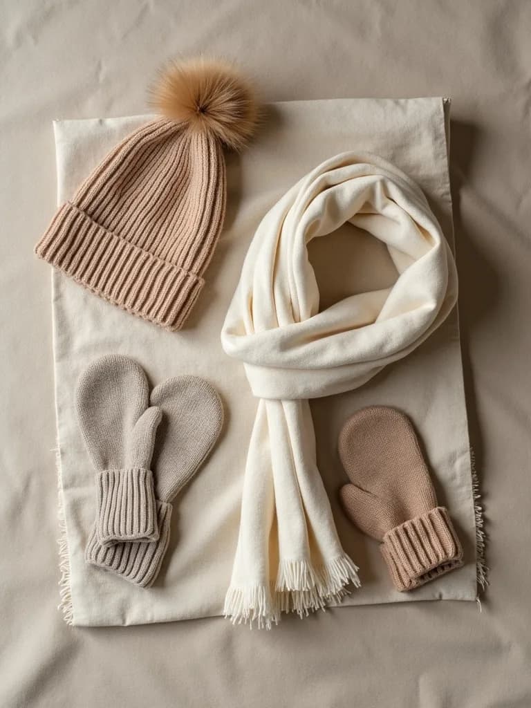 Accesorios de baby alpaca, gorros y guantes, en composición flatlay. Imagen de referencia generada con IA.